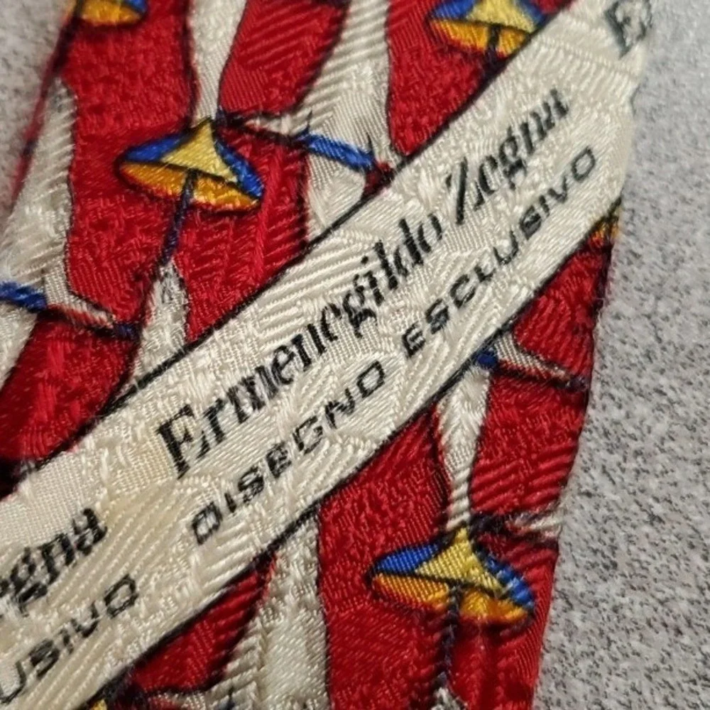 Ermenegildo Zegna Silk Necktie Mens Seal Umbrella Novelty Disegno Esclusivo Red